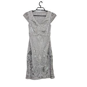Sue Wong Ribbon Dress Size 0 Gray Silver Short Sleeve Cocktail Occasion